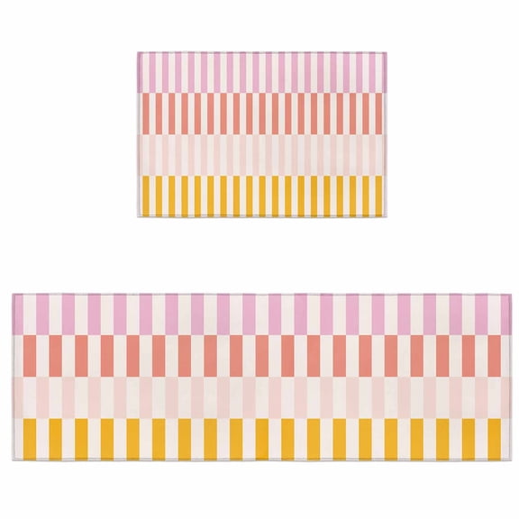 Kitchen Rugs and Mats 2 Pieces Stripes Lines Runner Rug Sets Pink Red Yellow Striped Soft Comfort Standing Kitchen Mats for Floor Absorbent Area Rugs Carpet Non Slip Cushioned Doormat
