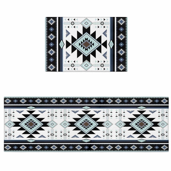 Kitchen Rugs and Mats 2 Pieces Tribal Geometric Runner Rug Sets Aztec American Southwestern Soft Comfort Standing Kitchen Mats for Floor Absorbent Area Rugs Carpet Non Slip Cushioned Doormat
