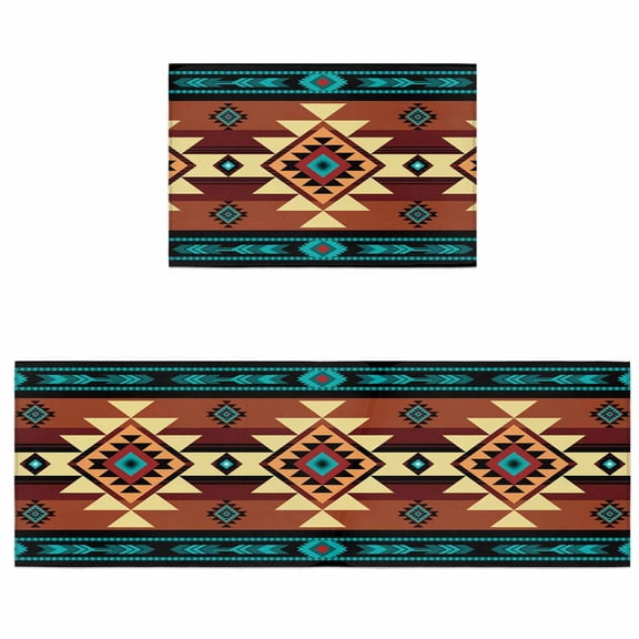 Kitchen Rugs and Mats 2 Pieces Turquoise Brown Boho Runner Rug Sets Native Southwest Ethnic Soft Comfort Standing Kitchen Mats for Floor Absorbent Area Rugs Carpet Non Slip Cushioned Doormat