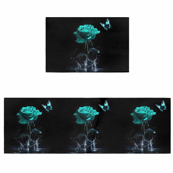 Kitchen Rugs and Mats 2 Pieces Turquoise Rose Runner Rug Sets Butterfly Splash Black Soft Comfort Standing Kitchen Mats for Floor Absorbent Area Rugs Carpet Non Slip Cushioned Doormat