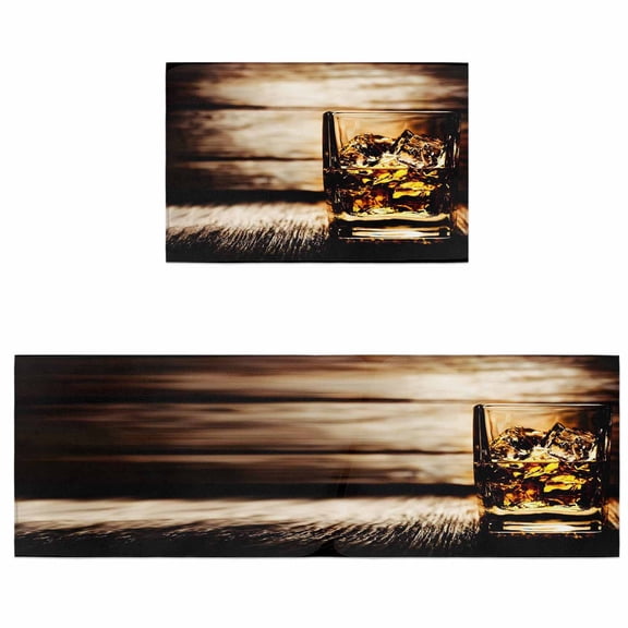 Kitchen Rugs and Mats 2 Pieces Whisky Glass Cups Runner Rug Sets Wine Wood Grain Soft Comfort Standing Kitchen Mats for Floor Absorbent Area Rugs Carpet Non Slip Cushioned Doormat