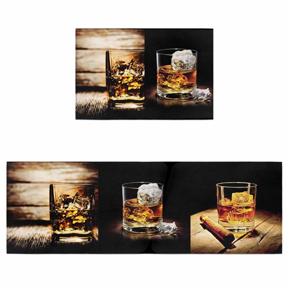 Kitchen Rugs and Mats 2 Pieces Whisky Glass Runner Rug Sets Wine Old Fashioned Wood Grain Soft Comfort Standing Kitchen Mats for Floor Absorbent Area Rugs Carpet Non Slip Cushioned Doormat