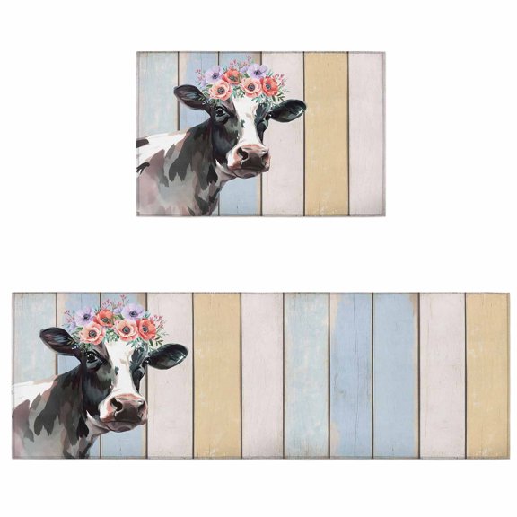 Kitchen Rugs and Mats 2 Pieces Wreath Cow Runner Rug Sets Farm Animal Wood Grain Soft Comfort Standing Kitchen Mats for Floor Absorbent Area Rugs Carpet Non Slip Cushioned Doormat