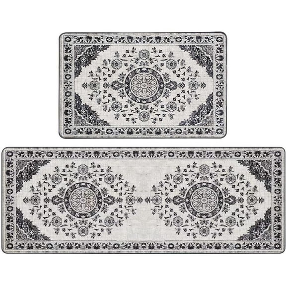 Kitchen Rugs and Mats 2PCS Kitchen Rugs Non-Slip Standing Desk Mat Waterproof Kitchen Rug Set for Kitchen Floor Office Dining Room Sink Laundry 17"X48"+17"X24"