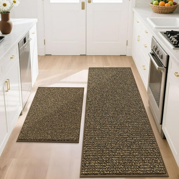 Kitchen Rugs and Mats 2PCS, Non-Slip Kitchen Mats for Floor, Absorbent and Stain Resistant Kitchen Runner, Machine Washable Rugs for Kitchen, Laundry & Sink, 20"x32"+20"x48", Brown