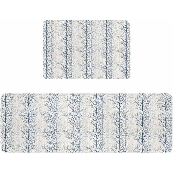 Kitchen Rugs and Mats,Blue Tree Branchs Texture 2 Piece Anti Fatigue Area Runner Rug Set Comfort Standing Floor Mat,Branch Silhouette Gray Gradient Non Slip Absorbent Doormats for Laundry/Bathroom