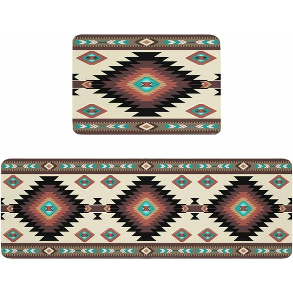 Kitchen Rugs and Mats,Boho Aztec Vintage Tribal Totem 2 Piece Anti Fatigue Area Runner Rug Set Comfort Standing Floor Mat,Ethnic Geometric Pattern Non Slip Absorbent Doormats for Laundry/Bathroom
