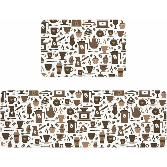 Kitchen Rugs and Mats,Brown Coffee Beans Coffee Cup Seamless 2 Piece Anti Fatigue Area Runner Rug Set Comfort Standing Floor Mat,Retro Coffee Theme Non Slip Absorbent Doormats for Laundry/Bathroom