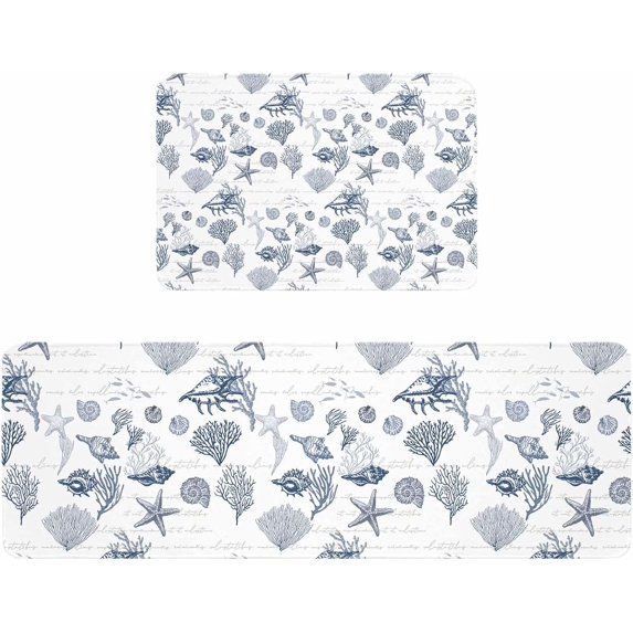 Kitchen Rugs and Mats,Coast Coral Summer Beach Shell Conch 2 Piece Anti Fatigue Area Runner Rug Set Comfort Standing Floor Mat,Retro Lerrer Navy Blue Non Slip Absorbent Doormats for Laundry/Bathroom