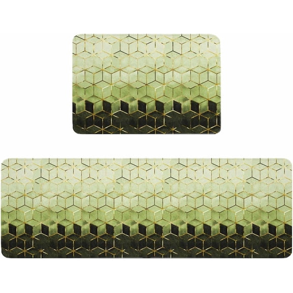 Kitchen Rugs and Mats,Cubes Modern Geometric Abstract Art 2 Piece Anti Fatigue Area Runner Rug Set Comfort Standing Floor Mat,Sage Green Black Gradient Non Slip Absorbent Doormats for Laundry