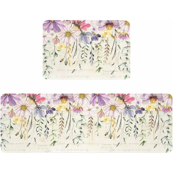 Kitchen Rugs and Mats,Daisy Eucalyptus Leaves Country Flowers 2 Piece Anti Fatigue Area Runner Rug Set Comfort Standing Floor Mat,Pastoral Plants Retro Letter Non Slip Absorbent Doormats for Laundry