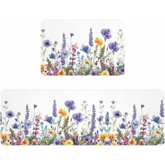 Kitchen Rugs and Mats,Daisy Lavender Pastoral Floral 2 Piece Anti Fatigue Area Runner Rug Set Comfort Standing Floor Mat,Summer Botanical on White Non Slip Absorbent Doormats for Laundry/Bathroom