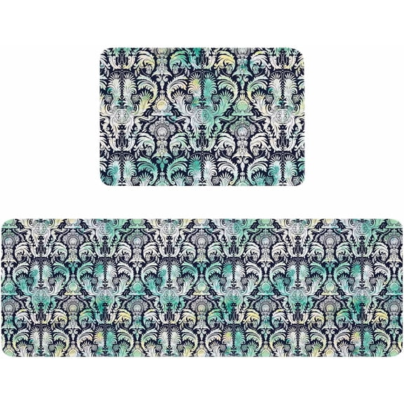 Kitchen Rugs and Mats,Dmask Seamless Vector Pattern 2 Piece Anti Fatigue Area Runner Rug Set Comfort Standing Floor Mat,Vintage Ornate Style Non Slip Absorbent Doormats for Laundry/Bathroom/Bedroom