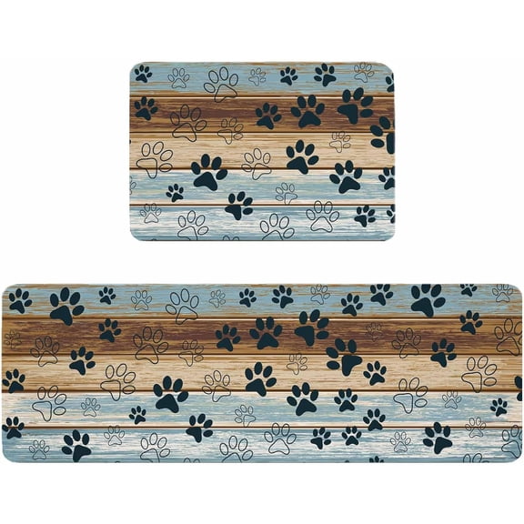 Kitchen Rugs and Mats,Dog Paw Print Farm Retro Wood Grain 2 Piece Anti Fatigue Area Runner Rug Set Comfort Standing Floor Mat,Blue Brown Vintage Wooden Non Slip Absorbent Doormats for Bathroom