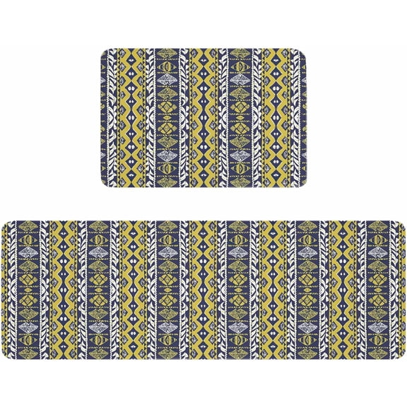 Kitchen Rugs and Mats,Ethnic Tribal Abstract Pattern 2 Piece Anti Fatigue Area Runner Rug Set Comfort Standing Floor Mat,Yellow Dark Blue Retro Lines Non Slip Absorbent Doormats for Laundry/Bathroom