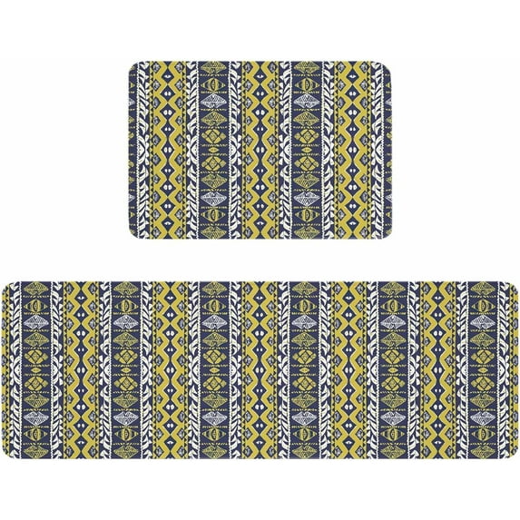 Kitchen Rugs and Mats,Ethnic Tribal Abstract Pattern 2 Piece Anti Fatigue Area Runner Rug Set Comfort Standing Floor Mat,Yellow Dark Blue Retro Lines Non Slip Absorbent Doormats for Laundry/Bathroom