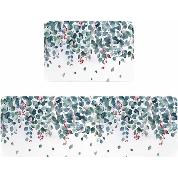 Kitchen Rugs and Mats,Eucalyptus Berries Green Leaves 2 Piece Anti Fatigue Area Runner Rug Set Comfort Standing Floor Mat,Watercolor Botanical White Non Slip Absorbent Doormats for Laundry/Bathroom
