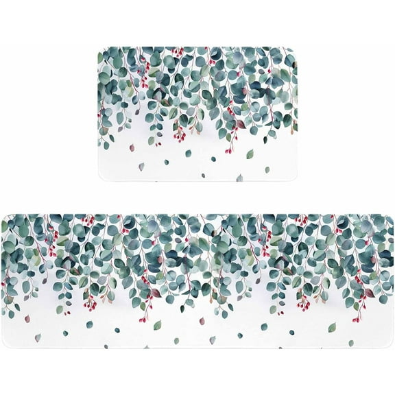 Kitchen Rugs and Mats,Eucalyptus Berries Green Leaves 2 Piece Anti Fatigue Area Runner Rug Set Comfort Standing Floor Mat,Watercolor Botanical White Non Slip Absorbent Doormats for Laundry/Bathroom