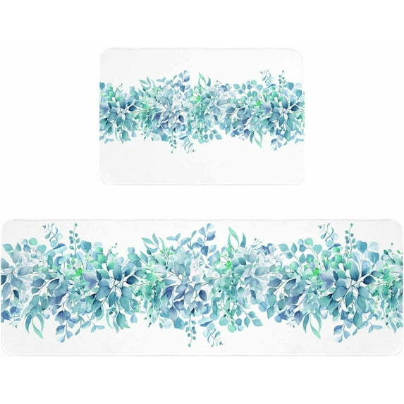 Kitchen Rugs and Mats,Eucalyptus Green Leaves Spring Plant 2 Piece Anti Fatigue Area Runner Rug Set Comfort Standing Floor Mat,Watercolor Botanical Gradient Non Slip Absorbent Doormats for Laundry