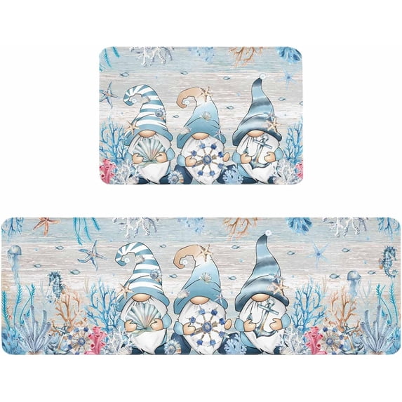 Kitchen Rugs and Mats,Gnome Nautical Coral Summer Beach Starfish 2 Piece Anti Fatigue Area Runner Rug Set Comfort Standing Floor Mat,Vintage Wood Board Non Slip Absorbent Doormats for Laundry