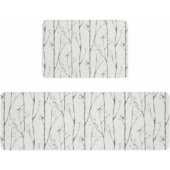 Kitchen Rugs and Mats,Gray Branch Leaves Bird Crayon Style 2 Piece Anti Fatigue Area Runner Rug Set Comfort Standing Floor Mat,Vintage Linen Non Slip Absorbent Doormats for Laundry/Bathroom/Bedroom