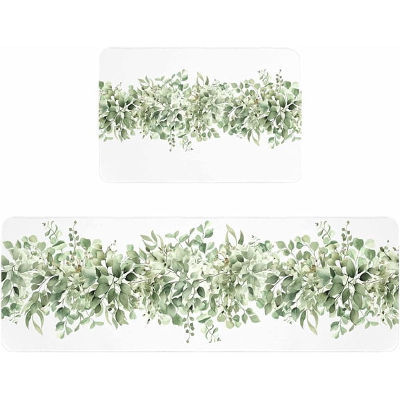 Kitchen Rugs and Mats,Green Eucalyptus Gradient Leavesl 2 Piece Anti Fatigue Area Runner Rug Set Comfort Standing Floor Mat,Country Plant on White Non Slip Absorbent Doormats for Laundry/Bathroom