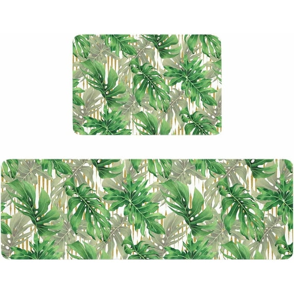 Kitchen Rugs and Mats,Green Palm Leaves Summer Tropical Plants 2 Piece Anti Fatigue Area Runner Rug Set Comfort Standing Floor Mat,Watercolor Botanical Non Slip Absorbent Doormats for Laundry