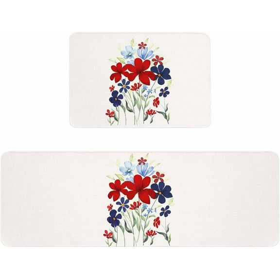 Kitchen Rugs and Mats,Independence Day Floral Eucalyptus 2 Piece Anti Fatigue Area Runner Rug Set Comfort Standing Floor Mat,Farm Plants Vintage Linen Non Slip Absorbent Doormats for Laundry/Bathroom