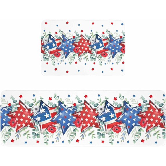 Kitchen Rugs and Mats,July Patriotic Stars Eucalyptus Leaves 2 Piece Anti Fatigue Area Runner Rug Set Comfort Standing Floor Mat,Red Poppy Flowers Non Slip Absorbent Doormats for Laundry/Bathroom