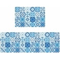 thumbnail image 1 of Kitchen Rugs and Mats,Moroccan Blue Tile Pattern Square Plaid 2 Piece Anti Fatigue Area Runner Rug Set Comfort Standing Floor Mat,Portuguese Tiles Traditional Non Slip Absorbent Doormats for Laundry, 1 of 6