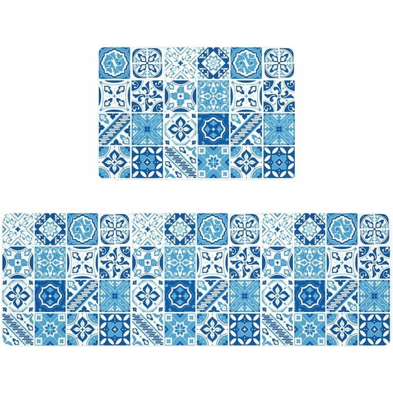 Kitchen Rugs and Mats,Moroccan Blue Tile Pattern Square Plaid 2 Piece Anti Fatigue Area Runner Rug Set Comfort Standing Floor Mat,Portuguese Tiles Traditional Non Slip Absorbent Doormats for Laundry