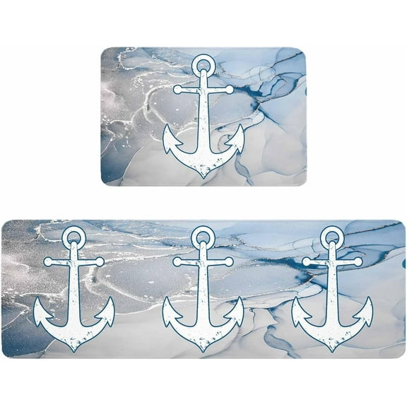 Kitchen Rugs and Mats,Nautical Anchor Blue Marble Texture 2 Piece Anti Fatigue Area Runner Rug Set Comfort Standing Floor Mat,Abstract Liquid Art Non Slip Absorbent Doormats for Laundry/Bathroom