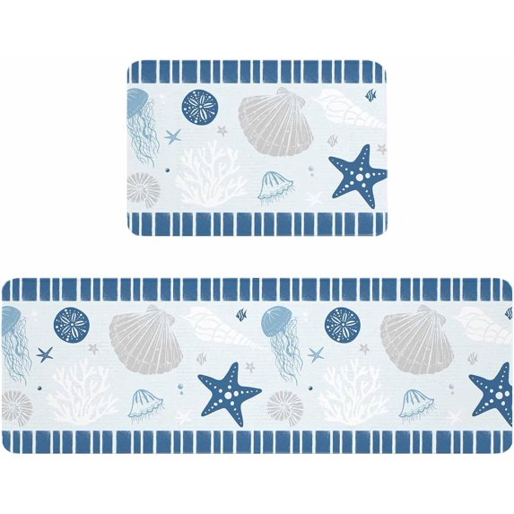 Kitchen Rugs and Mats,Nautical Blue Starfish Coastal Coral 2 Piece Anti Fatigue Area Runner Rug Set Comfort Standing Floor Mat,Summer Beach Shells Retro Letter Non Slip Absorbent Doormats for Laundry