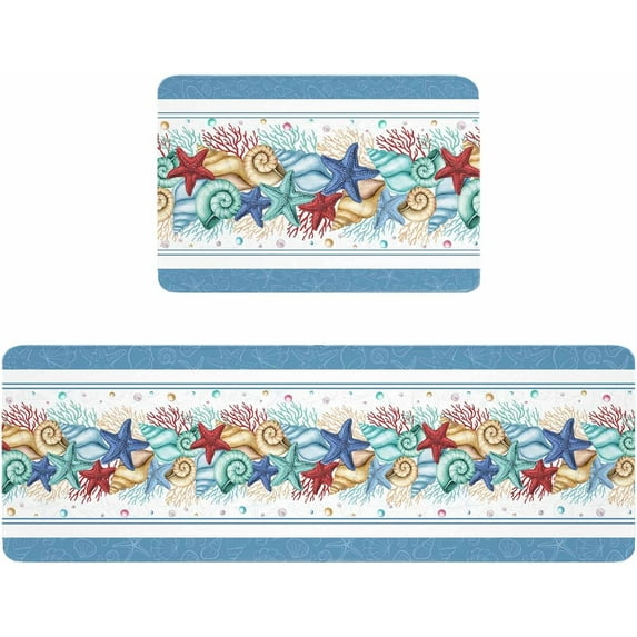 Kitchen Rugs and Mats,Nautical Starfish Coral Summer Coastal 2 Piece Anti Fatigue Area Runner Rug Set Comfort Standing Floor Mat,Seaside Beach Conch Non Slip Absorbent Doormats for Laundry/Bathroom