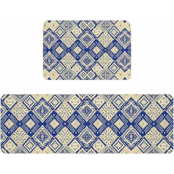 Kitchen Rugs and Mats,Navy Blue Ethnic Geometric Rhombus 2 Piece Anti Fatigue Area Runner Rug Set Comfort Standing Floor Mat,Retro Abstract Art Non Slip Absorbent Doormats for Laundry/Bathroom