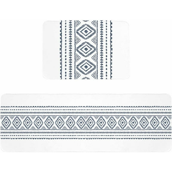 Kitchen Rugs and Mats,Navy Blue Vintage Pattern Farmhouse 2 Piece Anti Fatigue Area Runner Rug Set Comfort Standing Floor Mat,Boheo Tribal Stripes White Non Slip Absorbent Doormats for Laundry