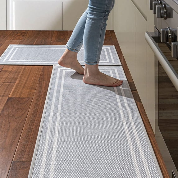 Kitchen Rugs and Mats Non Skid Washable 2 Pcs, Absorbent Kitchen Runner Rugs for Floor, Front of Sink, Long Comfort Standing Mats for Entryway Hallway 17"x32"+17"x48" (Blues Retro)