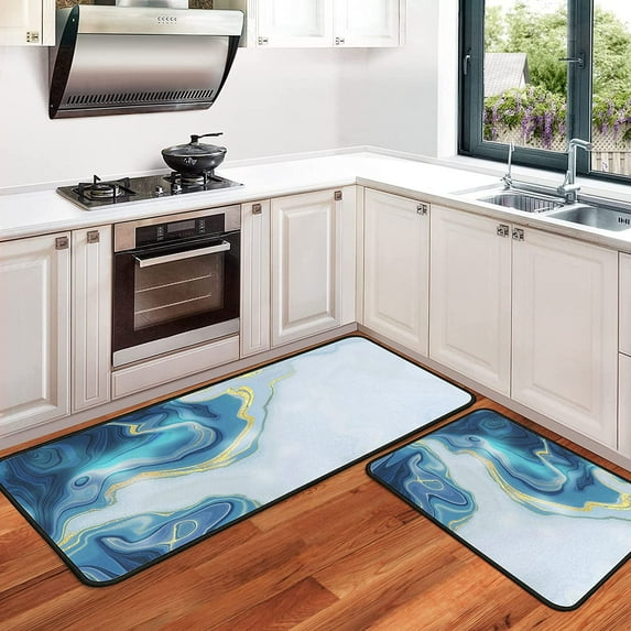 Kitchen Rugs and Mats Non Skid Washable, Blue and White Marble Kitchen Rug Mat Set of 2 PCS, Comfort Kitchen Floor Mat for Floor Home, Office, Sink, Laundry (17"x47"+17"x30")