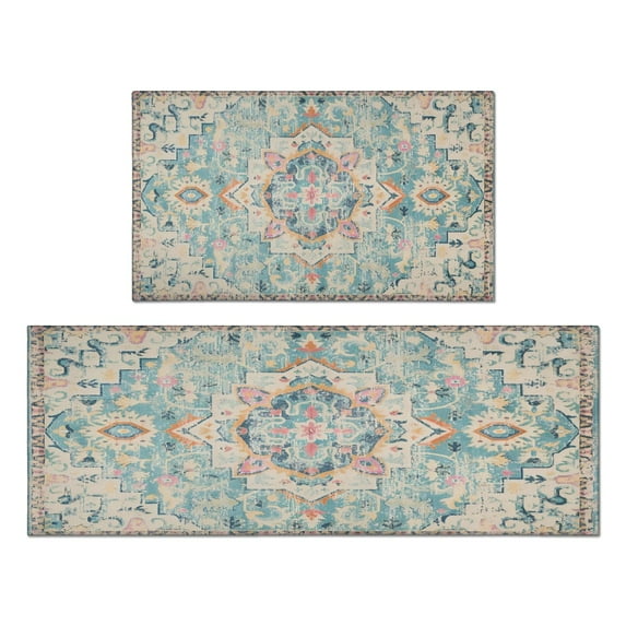 Kitchen Rugs and Mats Non Skid Washable Bohemian Light Blue Carpet National Design Farmhouse Kitchen Mat and Rug Set,Floor Cushion Waterproof Rug,Rubber Backed Area Rugs for Kitchen Laundry