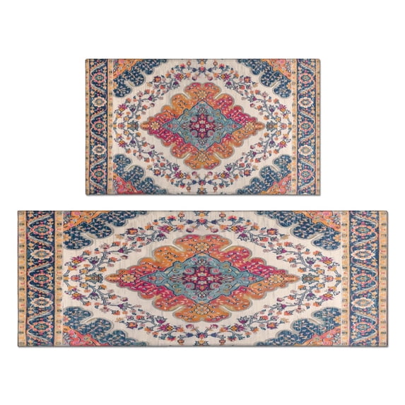 Kitchen Rugs and Mats Non Skid Washable Bohemian Pink Purple Ethnic Vintage Pattern Carpet Kitchen Mat and Rug Set,Floor Cushion Waterproof Rug,Rubber Backed Area Rugs for Kitchen Laundry