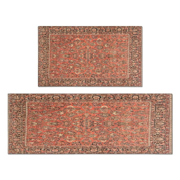 Kitchen Rugs and Mats Non Skid Washable Bohemian Vintage Orange Carpet Kitchen Mat and Rug Set,Floor Cushion Waterproof Rug,Rubber Backed Area Rugs for Kitchen Laundry