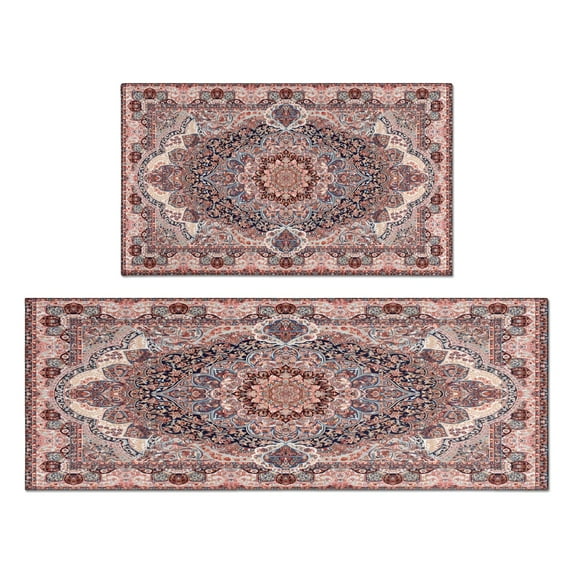 Kitchen Rugs and Mats Non Skid Washable Bohemian Vintage Pink Carpet Kitchen Mat and Rug Set,Floor Cushion Waterproof Rug,Rubber Backed Area Rugs for Kitchen Laundry