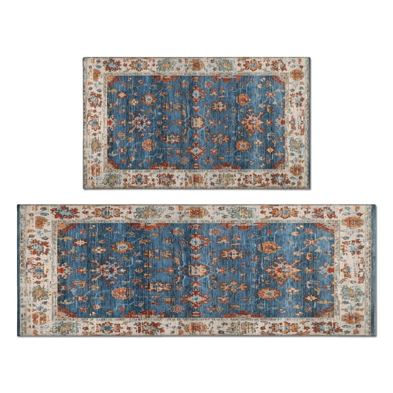 Kitchen Rugs and Mats Non Skid Washable Boho Blue Carpet Kitchen Mat and Rug Set,Floor Cushion Waterproof Rug,Rubber Backed Area Rugs for Kitchen Laundry