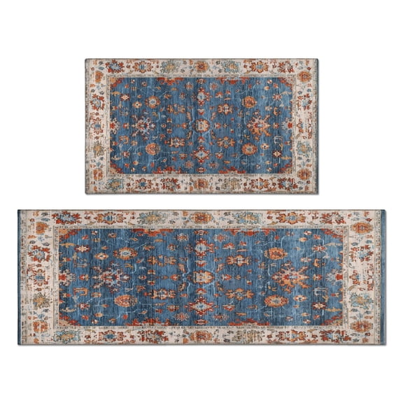 Kitchen Rugs and Mats Non Skid Washable Boho Blue Carpet Kitchen Mat and Rug Set,Floor Cushion Waterproof Rug,Rubber Backed Area Rugs for Kitchen Laundry