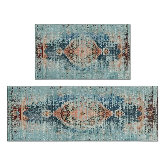 Kitchen Rugs and Mats Non Skid Washable Boho Blue Carpet Kitchen Mat and Rug Set,Floor Cushion Waterproof Rug,Rubber Backed Area Rugs for Kitchen Laundry