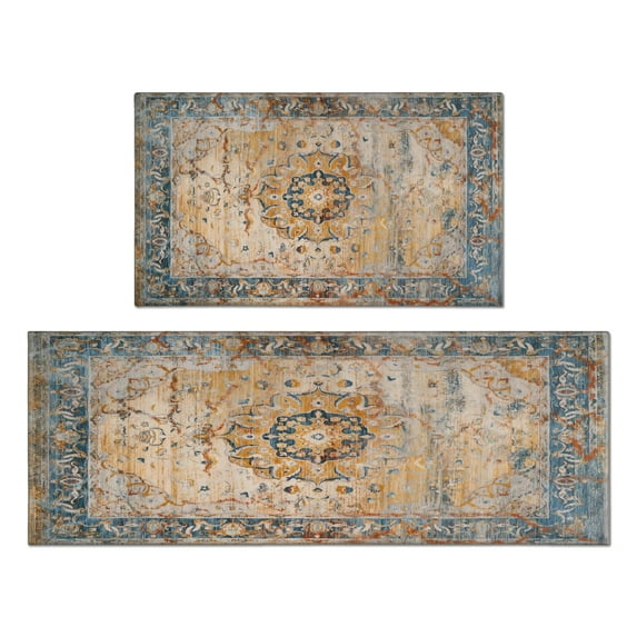Kitchen Rugs and Mats Non Skid Washable Boho Blue Retro Design Rug Kitchen Mat and Rug Set,Floor Cushion Waterproof Rug,Rubber Backed Area Rugs for Kitchen Laundry