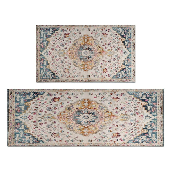 Kitchen Rugs and Mats Non Skid Washable Boho Blue Vintage Country Carpet Kitchen Mat and Rug Set,Floor Cushion Waterproof Rug,Rubber Backed Area Rugs for Kitchen Laundry