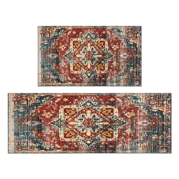 Kitchen Rugs and Mats Non Skid Washable Boho Brown Carpet Kitchen Mat and Rug Set,Floor Cushion Waterproof Rug,Rubber Backed Area Rugs for Kitchen Laundry