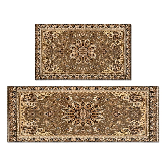 Kitchen Rugs and Mats Non Skid Washable Boho Brown Carpet Kitchen Mat and Rug Set,Floor Cushion Waterproof Rug,Rubber Backed Area Rugs for Kitchen Laundry
