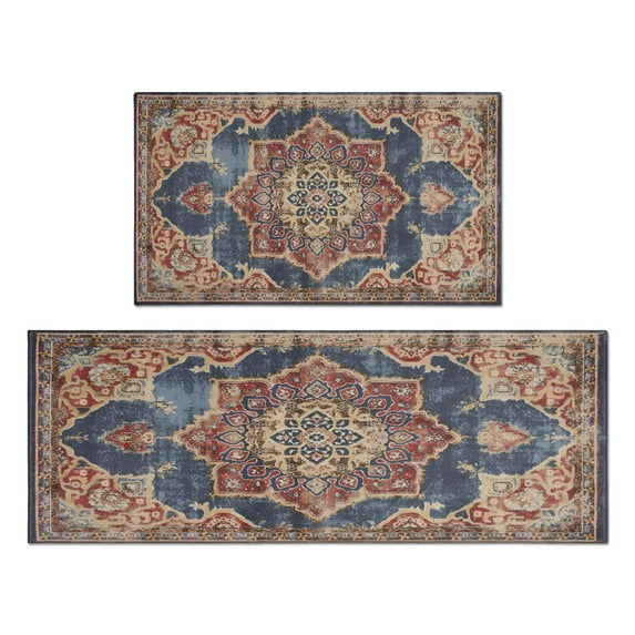 Kitchen Rugs and Mats Non Skid Washable Boho Brown Vintage Carpet Kitchen Mat and Rug Set,Floor Cushion Waterproof Rug,Rubber Backed Area Rugs for Kitchen Laundry